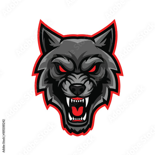Fierce Cartoon Wolf Head with Red Eyes.