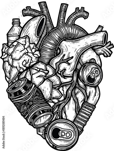 Linocut Style Black Heart Made Of Recycled Items Paper Plastic Metal Engraved Vector Illustration