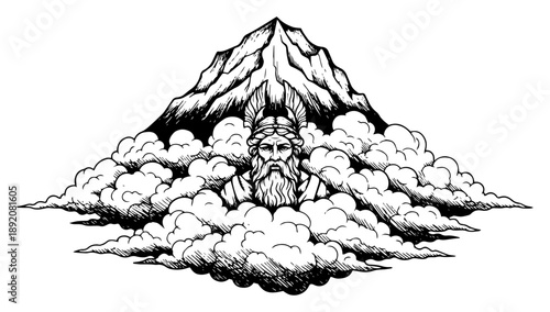 Bearded mythological god or ancient warrior face rising from clouds with mountain peak background