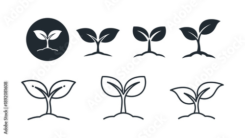 Collection of stylized seedling sprout icons representing growth and new beginnings
