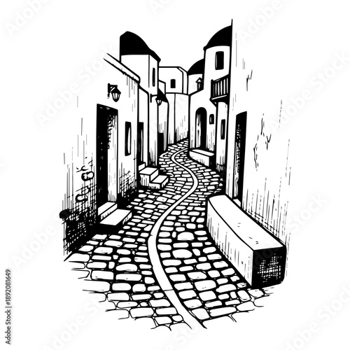 Narrow cobblestone street in old town vector illustration showing european architecture