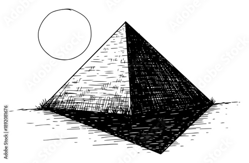 Hand drawn Egyptian pyramid in desert sketch Vector illustration of ancient landmark with sun