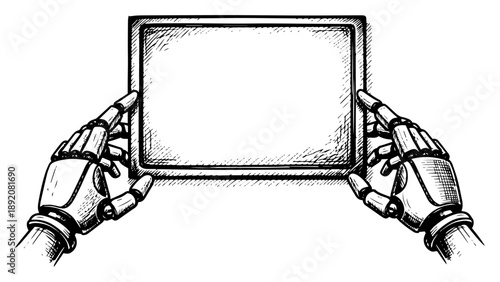 Robot hands holding blank tablet screen Vector sketch of mechanical arms with device mockup