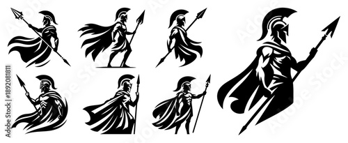 Set of spartan warrior silhouettes holding spears with helmets and capes
