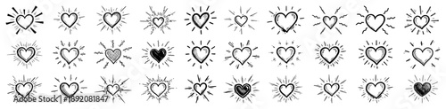 Set of hand drawn heart sketches with shining rays and sunburst effects for valentines day