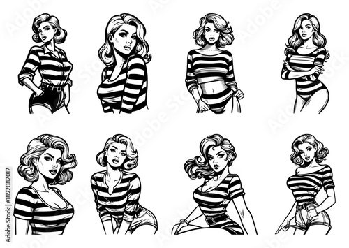 Set of beautiful retro women vector illustrations wearing striped shirts in various poses and comic style angles