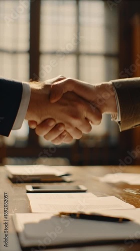 Two business professionals shaking hands in a meeting room with papers and pens on the table