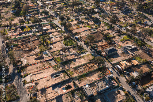 Drone view of empty lots of homes left behind from the Eaton fire, Pacific Palisades. January 2025, a series of 14 destructive wildfires affected the Los Angeles County in California, United States.