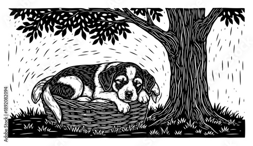 Sleeping puppy dog in wicker basket under oak tree woodcut vector illustration with rain texture