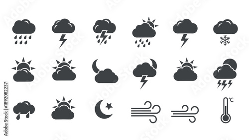 Collection of dark gray vector icons representing diverse weather conditions and forecasts
