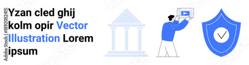 Person viewing laptop screen, building representing an institution, and shield with checkmark signifying security. Ideal for cybersecurity, trust, data privacy, finance, authentication, online