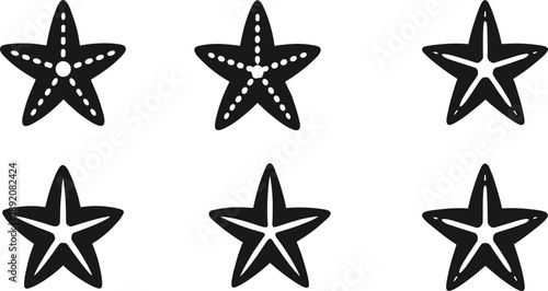 Minimal Black Starfish Silhouette Icon Set with Different Shapes for Marine Life, Ocean Logos, Apps, and Graphic Design