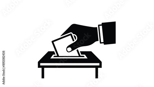 Hand casting a ballot paper into a stylized black and white voting box