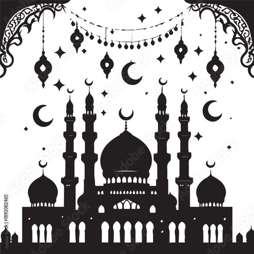 Islamic Ramadan pattern and mosque silhouette set for religious festival design with mosques stars and crescent moons isolated on white background 