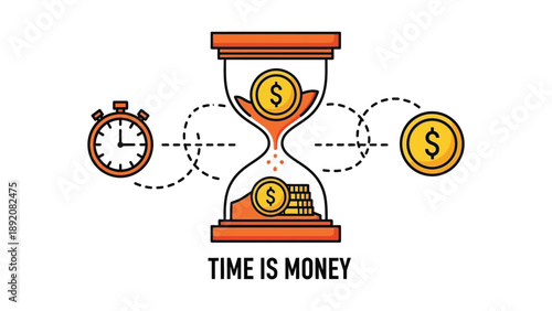 The time is money concept represented by an hourglass, a stopwatch, and circulating currency symbols