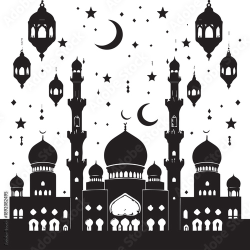 Islamic Ramadan pattern and mosque silhouette set for religious festival design with mosques stars and crescent moons isolated on white background 