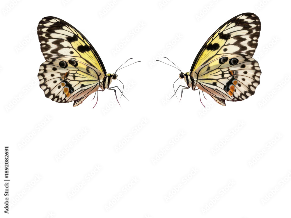 Obraz premium Two butterflies with yellow and black wings on white isolated on transparent background