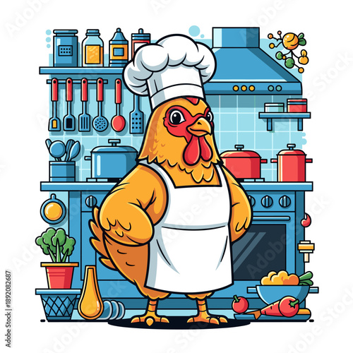 Funny cartoon illustration of a cat cooking in a kitchen with a smiling man holding a milk bottle and another man holding a beer in a playful vector art style