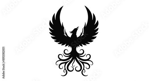Majestic silhouette of a mythical phoenix bird with outstretched wings and ornate tail feathers