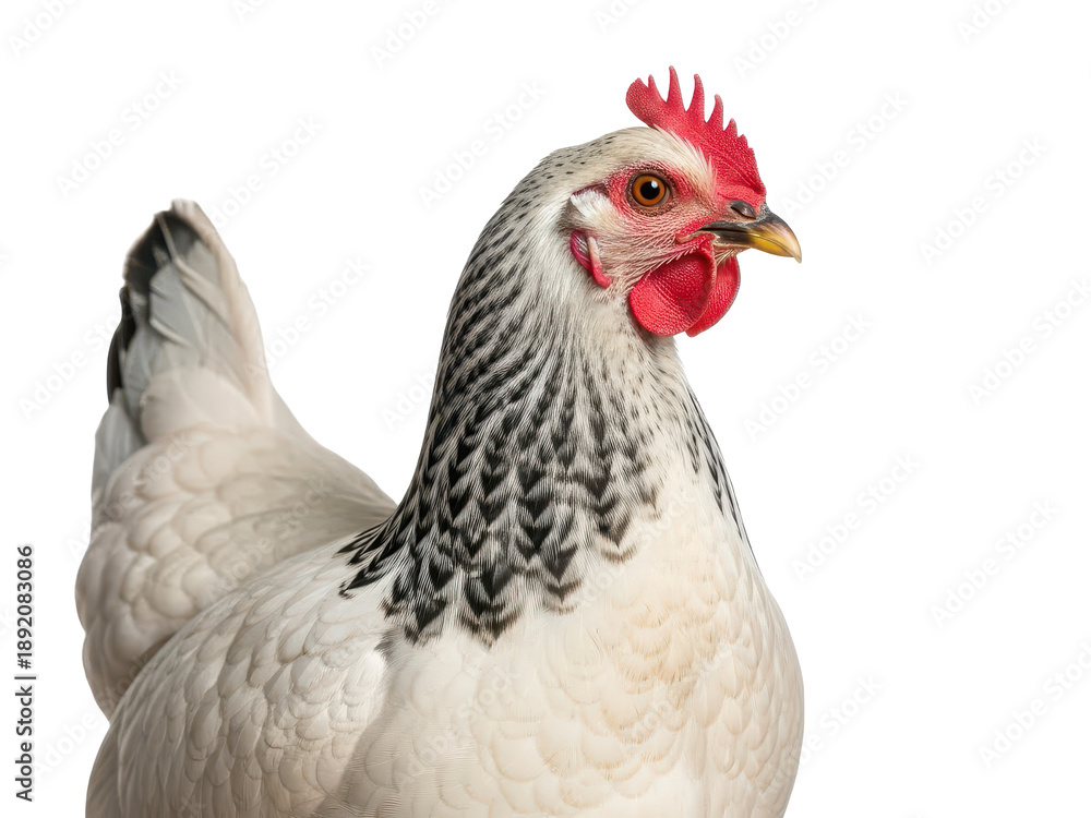 Fototapeta premium Closeup of a white chicken with black feathers on neck isolated on transparent background