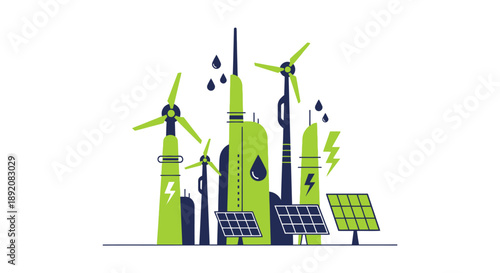 Renewable Energy Graphic with Wind Turbines and Solar Panels