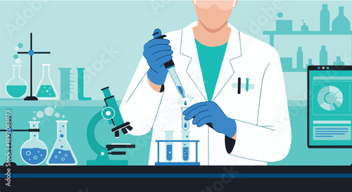 Scientist in a lab coat conducting a science experiment with a dropper and test tubes, a microscope nearby