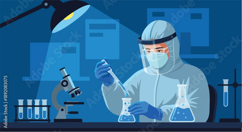 Scientist in protective suit working in a laboratory with microscope and test tubes, conducting research and experiments for medical discovery