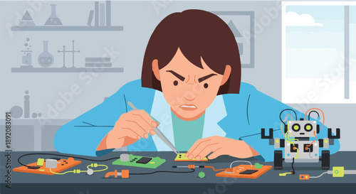 Focused Woman Engineer Soldering Microchips and Circuit Boards, Building and Testing Robotic Devices in a Workshop, Showcasing Dedication to STEM, Technology Development, and Innovation