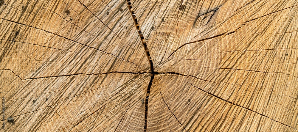 Fototapeta premium A close-up of a tree trunk s cross-section showcases its detailed rings and textures. The cracks tell a story of growth and time, ideal for projects emphasizing nature and history.