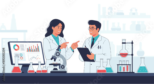 Scientists collaborating in a modern laboratory, analyzing data on a computer with charts and graphs, surrounded by scientific equipment like microscopes and beakers
