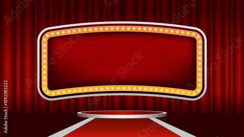 luxury stage background, Vibrant red velvet curtain backdrop with an illuminated vintage marquee sign and a sleek white podium