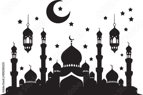 Islamic Ramadan pattern and mosque silhouette set for religious festival design with mosques stars and crescent moons isolated on white background 