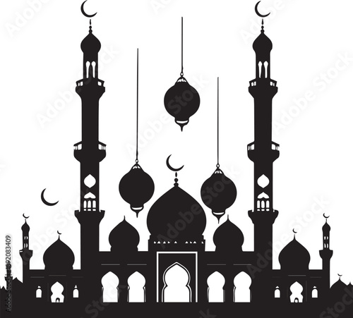 Islamic Ramadan pattern and mosque silhouette set for religious festival design with mosques stars and crescent moons isolated on white background 