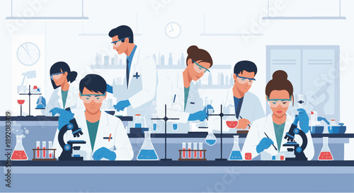 Diverse group of scientists collaborating in a modern laboratory setting conducting research and experiments