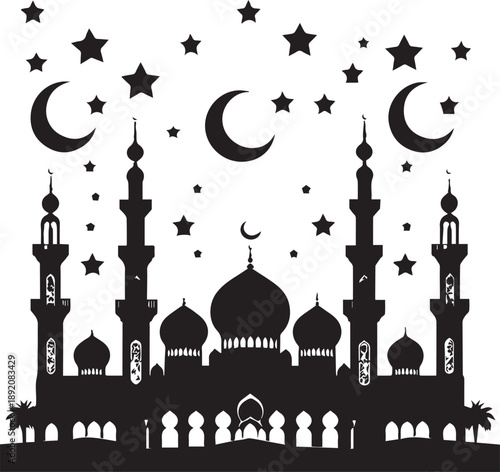 Islamic Ramadan pattern and mosque silhouette set for religious festival design with mosques stars and crescent moons isolated on white background 
