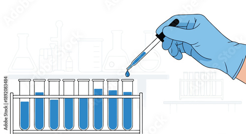 An illustration of a gloved hand precisely adding blue liquid from a dropper into a test tube within a laboratory environment, symbolizing chemical research and experimental procedures
