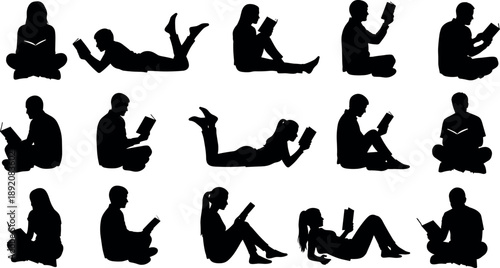 Collection of black silhouettes showing people reading books sitting and lying down isolated on white background for education and learning concepts