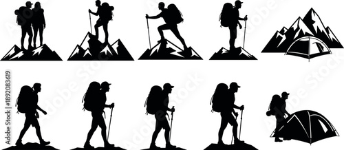 Collection of hiking and camping silhouettes featuring hikers with backpacks trekking poles mountains and tents for outdoor travel adventure design.