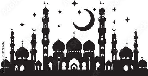 Islamic Ramadan pattern and mosque silhouette set for religious festival design with mosques stars and crescent moons isolated on white background 