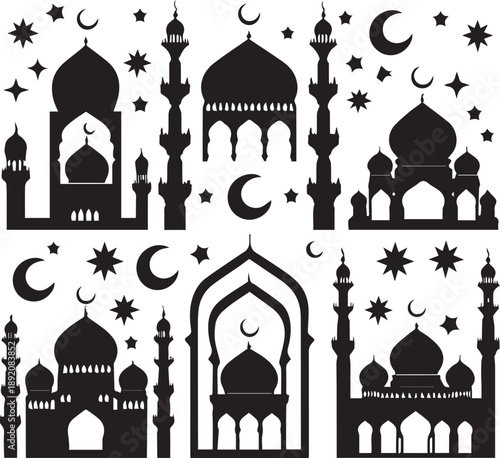 Islamic Ramadan pattern and mosque silhouette set for religious festival design with mosques stars and crescent moons isolated on white background 