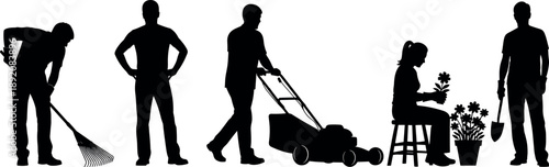 Gardening people silhouettes vector set featuring lawn mowing, raking leaves, planting flowers, and landscaping workers with tools.