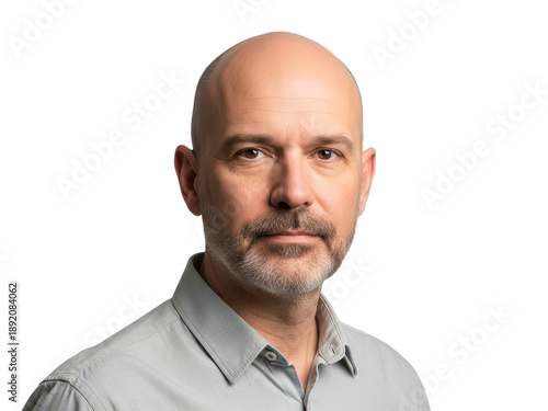 Portrait of a middleaged bald man with a short beard isolated on transparent background
