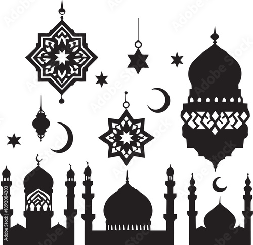 Islamic Ramadan pattern and mosque silhouette set for religious festival design with mosques stars and crescent moons isolated on white background 