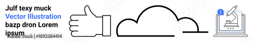 Cloud storage, technology, lab research, approval icons, data processing, analysis tools. A thumbs-up symbol, a cloud shape and microscope equipment sketch. Cloud storage and technology concept