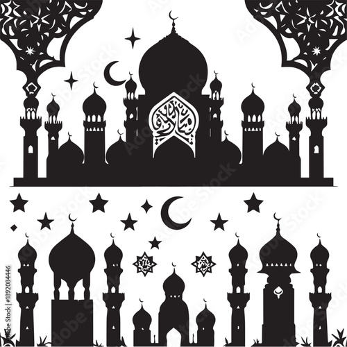 Islamic Ramadan pattern and mosque silhouette set for religious festival design with mosques stars and crescent moons isolated on white background 