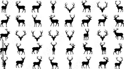 Set of black deer silhouettes vector illustration collection of stag and reindeer icons isolated on white background for nature design.