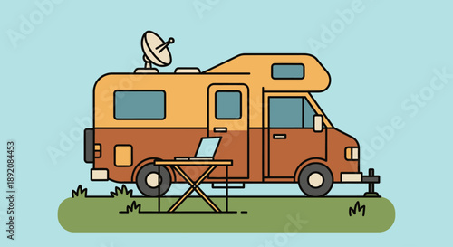 Cartoon Illustration of Brown RV with Table and Chairs Under a Blue Sky