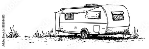 caravan trailer in nature vintage sketch
