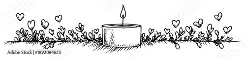romantic candle with leaves and hearts lineart