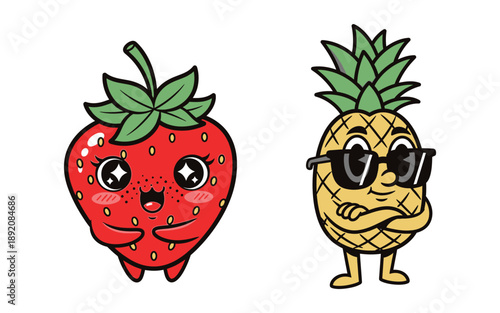 A cute cartoon strawberry and pineapple illustration with smiling faces